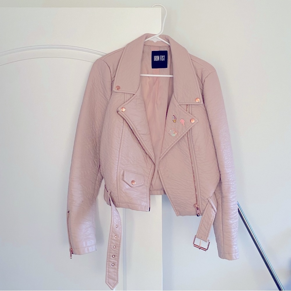 Iron Fist blush pink rose gold moto jacket vegan leather